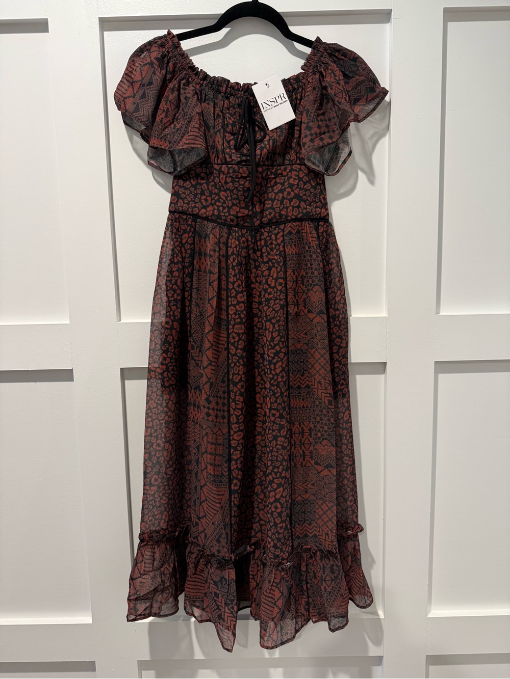 INSPR Black & Rust Patterned Midi Dress